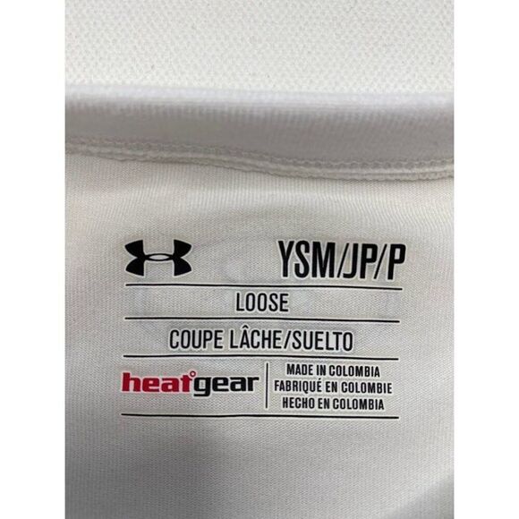 Girls Under Armour White Logo Loose Heat Gear Short Sleeve Top Sz YSM Small NEW - Picture 2 of 7